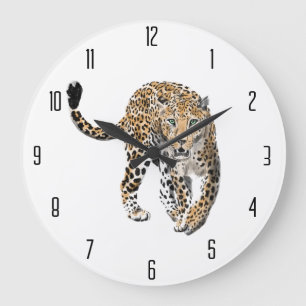 Aquarell-Leopard-Dschungelkatze gemaltes Tier grün Große Wanduhr