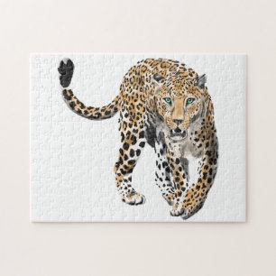 Aquarell-Leopard-Dschungelkatze gemaltes Tier grün Puzzle