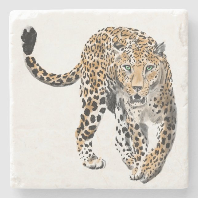 Aquarell-Leopard-Dschungelkatze gemaltes Tier grün Steinuntersetzer (Vorderseite)