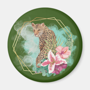 Aquarell-Leopard und tropischer Rahmen   Magnet