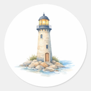Aquarell-Leuchtturm auf den Felsen Runder Aufkleber