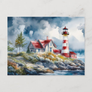 Aquarell-Leuchtturm-Küstenkunst-Postkarte Postkarte