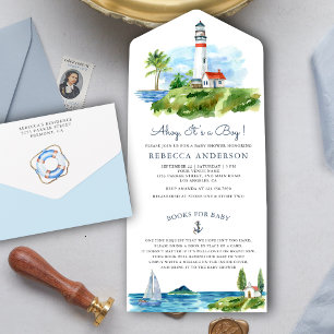 Aquarell Leuchtturm Maritime Babyparty All In One Einladung