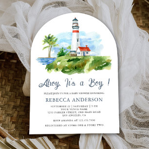 Aquarell-Leuchtturm-nautische-Bogen-Baby-Party Einladung