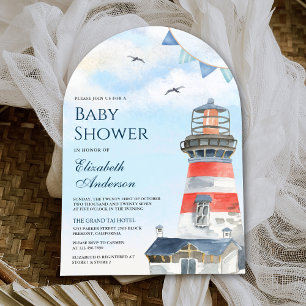 Aquarell-Leuchtturm-nautische-Bogen-Baby-Party Einladung