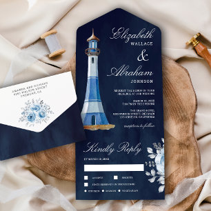 Aquarell-Leuchtturm-Navy-Blue-nautische Hochzeit   All In One Einladung