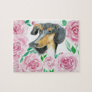 Aquarell-Liebe einer Dachshund mit rosa Rosen Puzzle