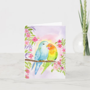 Aquarell-Liebesvögel mit rosa Blumen Karte