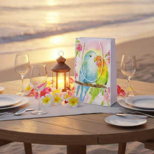 Aquarell-Liebesvögel mit rosa Blumen Mittlere Geschenktüte