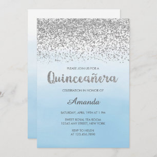 Aquarell Light Blue und Silver Glam Quinceñera Einladung