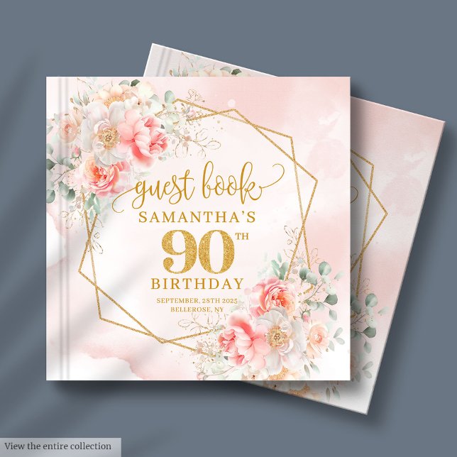 Aquarell Light Pink Gold Blume 90. Gästebuch (Watercolor Light Pink Gold Flowers 90th Guest Book)