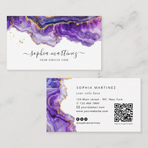Aquarell Lila Achat Gold Glitter & QR Code Visitenkarte