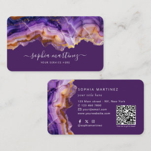 Aquarell Lila Achat Gold Glitter & QR Code Visitenkarte