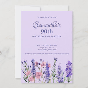 Aquarell Lila Blumen 90. Geburtstagsfeier Einladung