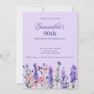 Aquarell Lila Blumen 90. Geburtstagsfeier Einladung