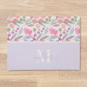 Aquarell-Lila-Blumen-Familienname-Monogramm Geschirrtuch