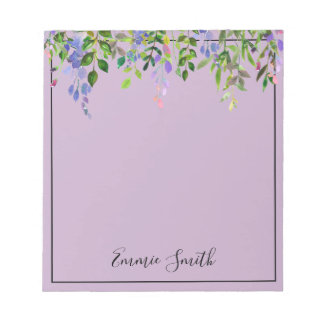 Aquarell Lila Blumen Grün Blätter Personalisiert Notizblock
