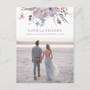Aquarell lila Blumen. Hochzeitsliebe und Dankeschö Postkarte