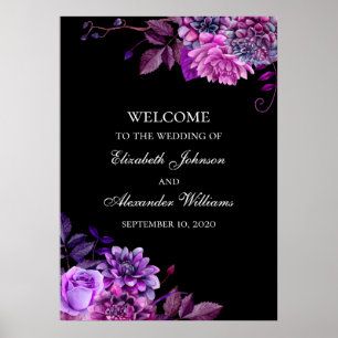Aquarell lila Blumen. Schwarze Hochzeitsbegrüßung Poster