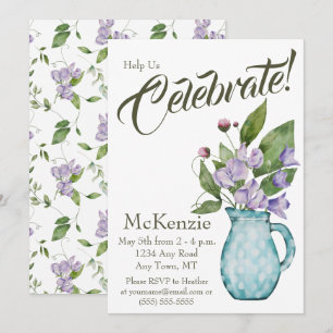 Aquarell-Lila-Blumen-Süßerbsen-Party Einladung