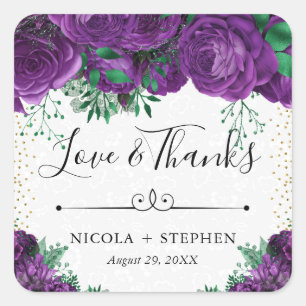 Aquarell-Lila-Glamour-Rosen-Hochzeit Quadratischer Aufkleber