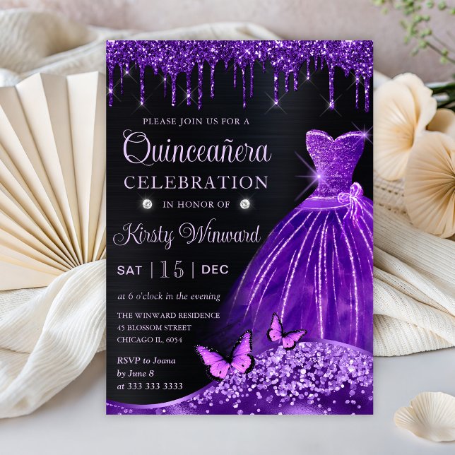 Aquarell Lila Glitzer Kleid Quinceanera Einladung (Von Creator hochgeladen)