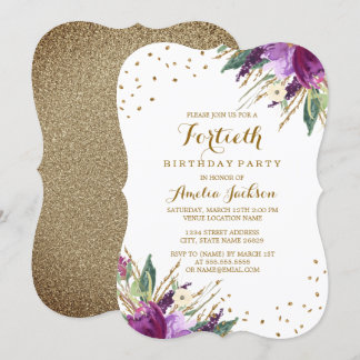 Aquarell Lila Gold Blume 40. Geburtstag Party Einladung