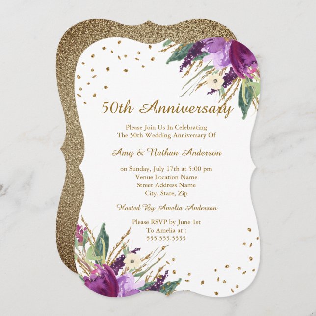 Aquarell Lila Gold Blume 50 Jahre Jubiläum Einladung (Vorne/Hinten)