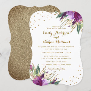 Aquarell-Lila-Gold-Blumen-Hochzeits-Einladung Einladung