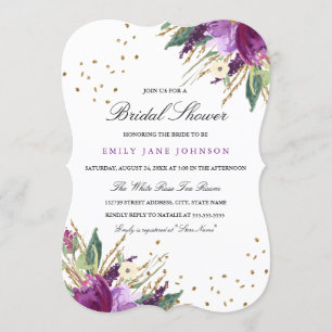 Aquarell-Lila-Gold-Blumen-Hochzeitsdusche-Einladun Einladung