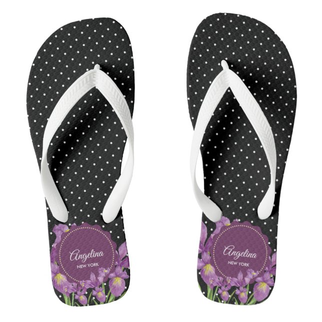 Aquarell Lila Iris Schwarz-weiß Polka Dots Flip Flops (Fußbett)