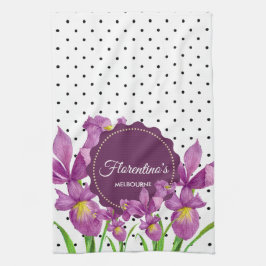Aquarell Lila Iris Schwarz-weiß Polka Dots Geschirrtuch