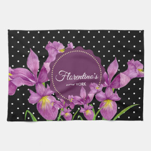 Aquarell Lila Iris Schwarz-weiß Polka Dots Geschirrtuch