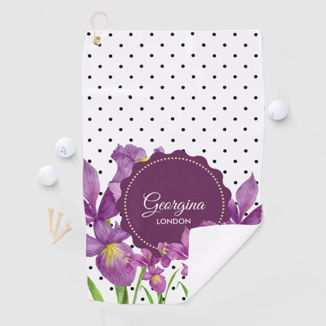 Aquarell Lila Iris Schwarz-weiß Polka Dots Golfhandtuch (Insitu)