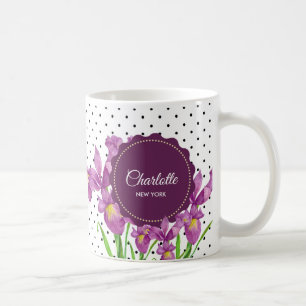 Aquarell Lila Iris Schwarz-weiß Polka Dots Kaffeetasse