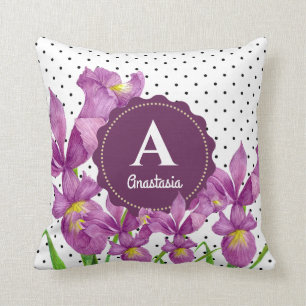 Aquarell Lila Iris Schwarz-weiß Polka Dots Kissen