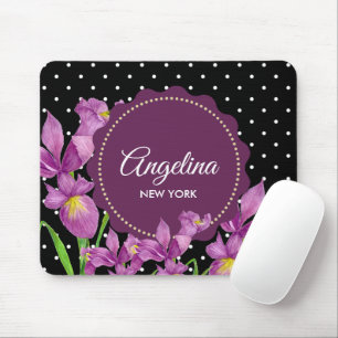 Aquarell Lila Iris Schwarz-weiß Polka Dots Mousepad