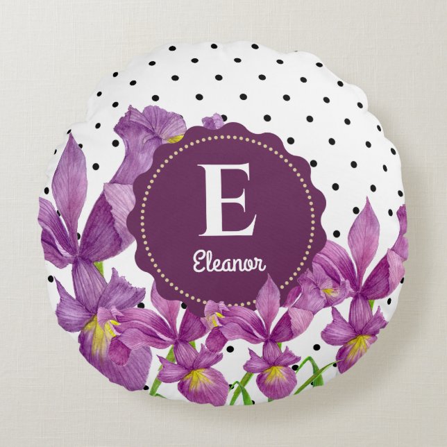 Aquarell Lila Iris Schwarz-weiß Polka Dots Rundes Kissen (Vorderseite)