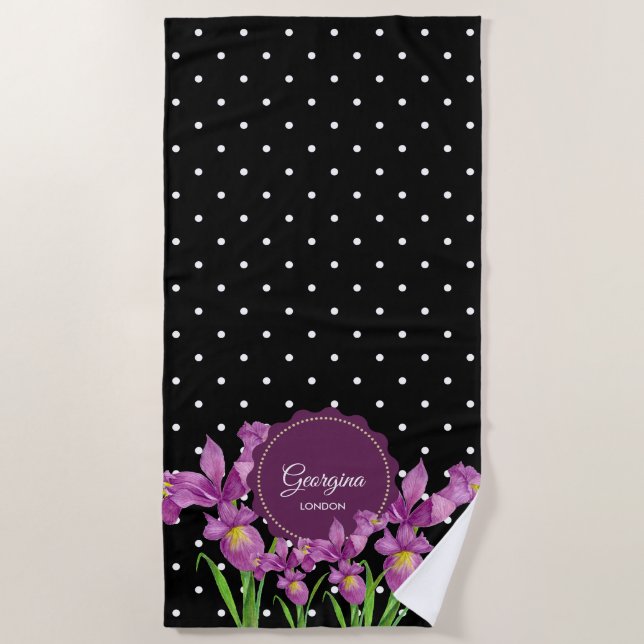 Aquarell Lila Iris Schwarz-weiß Polka Dots Strandtuch (Vorderseite)