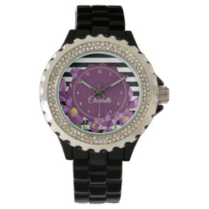 Aquarell Lila Iris Schwarz-Weiß-Streifenmuster Armbanduhr