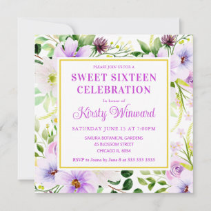 Aquarell Lila Magische Blumen Sweet Sixteen Einladung