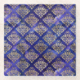 Aquarell-Lila-Muster mit Gold-Damaskus Glasuntersetzer