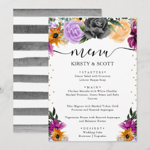Aquarell Lila Orange Schwarze Blumen Hochzeit Menükarte