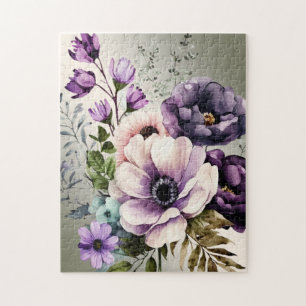 Aquarell Lila Rosa Blumen Golden Elegant Puzzle