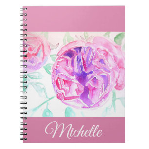 Aquarell-Lila-Rosa-Mädchen-Notizbuch mit rosa Rose Notizblock