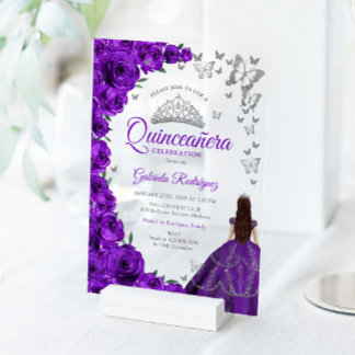 Aquarell Lila Rosen Silber Quinceanera Acryleinladungen