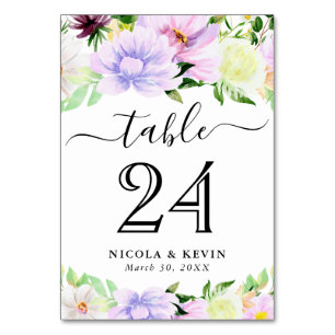 Aquarell Lila Sommerblumen Hochzeit Tischnummer