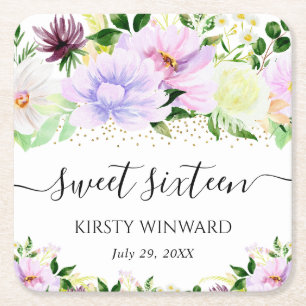 Aquarell Lila Sommerblumen Sweet Sixteen Rechteckiger Pappuntersetzer