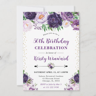 Aquarell Lila und Creme Blume 50. Geburtstag Einladung