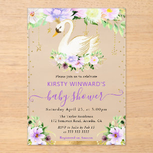 Aquarell-Lila- und Creme-Blumen-Schwan-Baby-Party Acryleinladungen